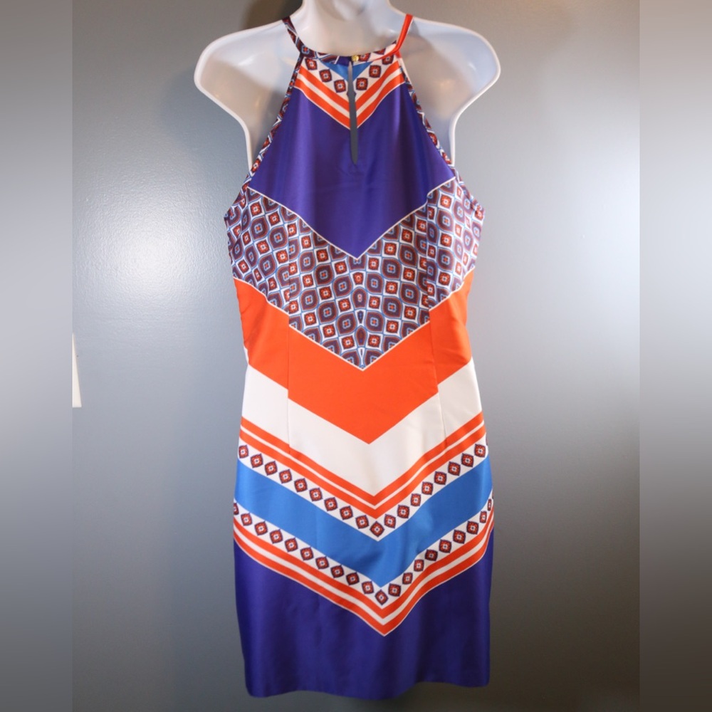 Banana Republic Geometric Halter Shift Dress Blue Orange Size 8 - Picture 6 of 13
